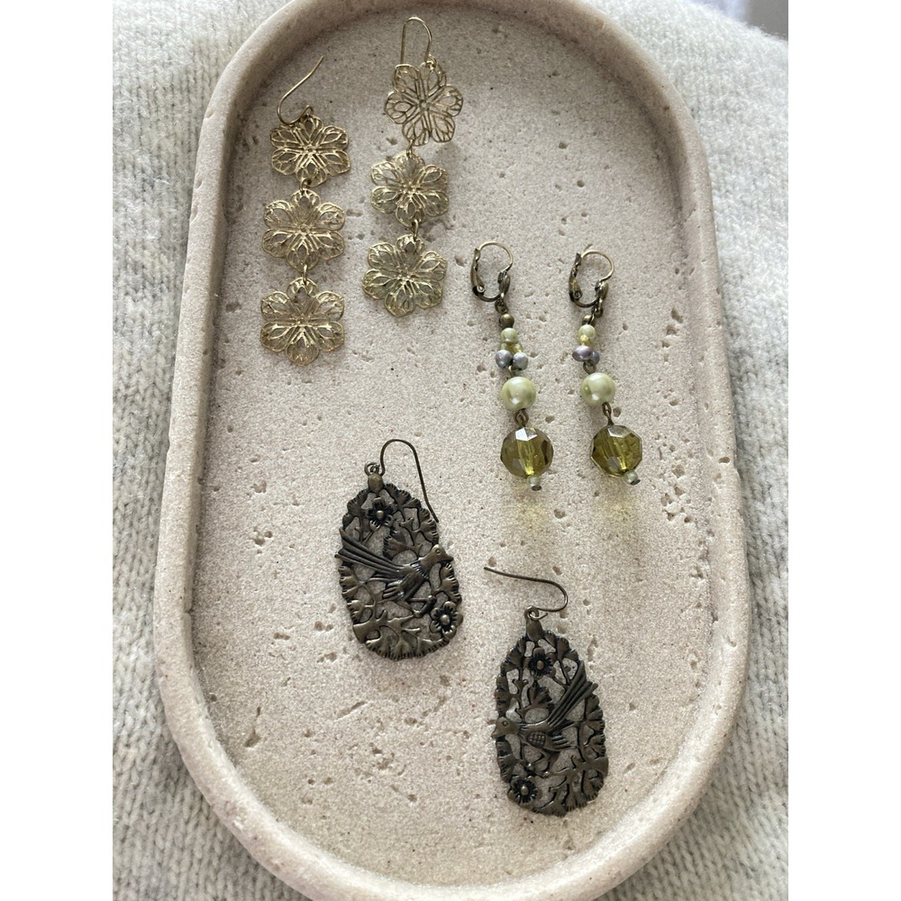 Dangle Earrings Set Of 3 Pair Gold Tone Floral Beaded Bird Boho Earthy Romantic